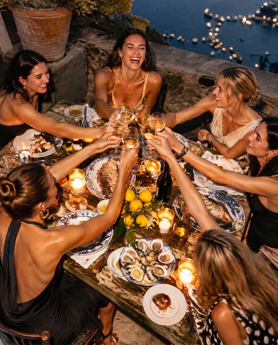 Six women raising glasses across a candlelit dinner table at night
